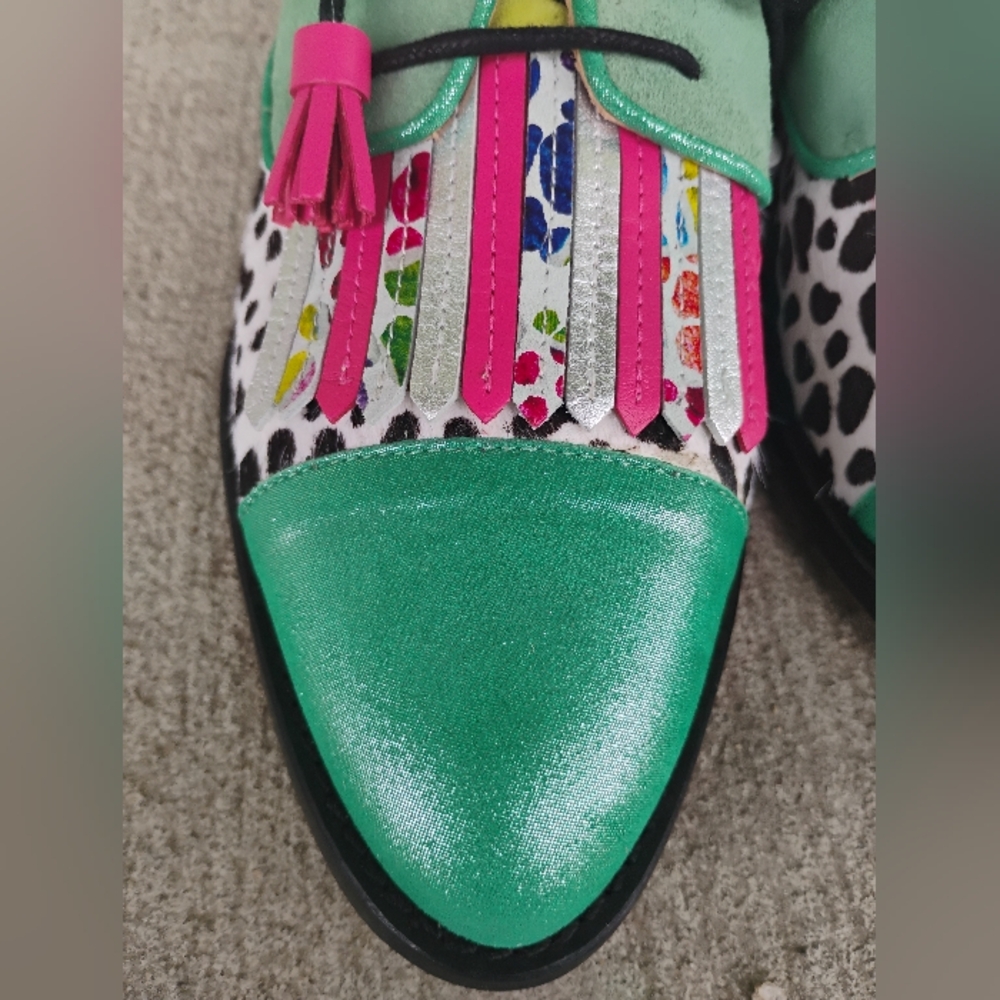 Green Multicolor Handmade Leather Suede Cow Print Oxford Fringe Shoes Size 6-8.5 - Picture 9 of 13
